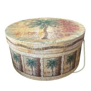 Round Decorative Storage Hat Box Palm Tree Tropical Coastal Script Print Rope Ha